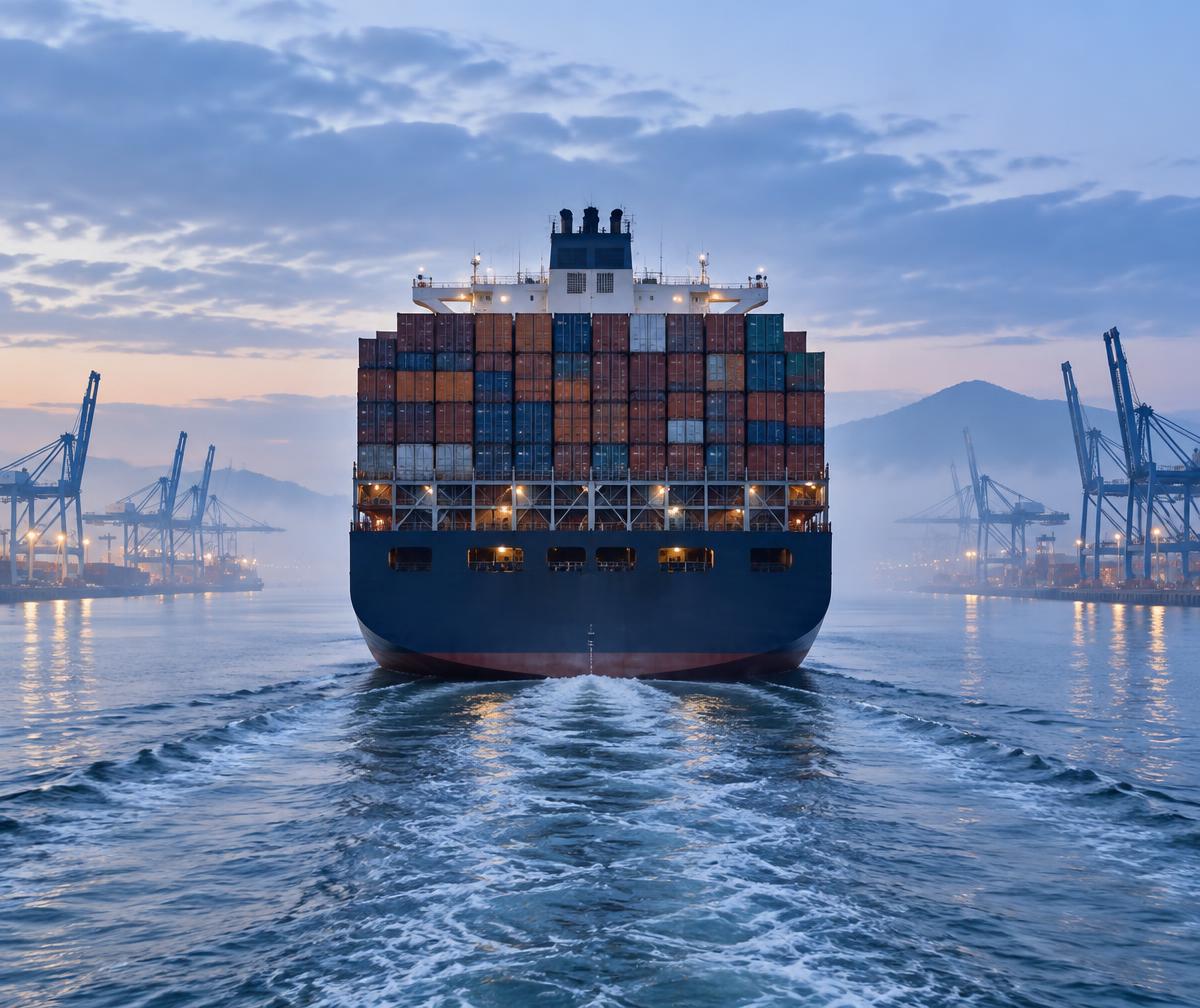 Container ship moving through an international port