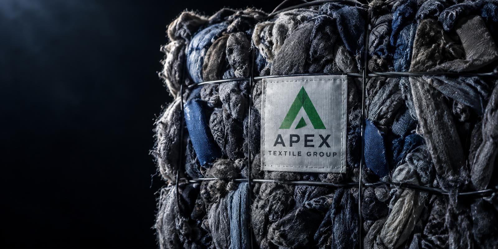 Apex Textile Group label on compressed recycled textile material