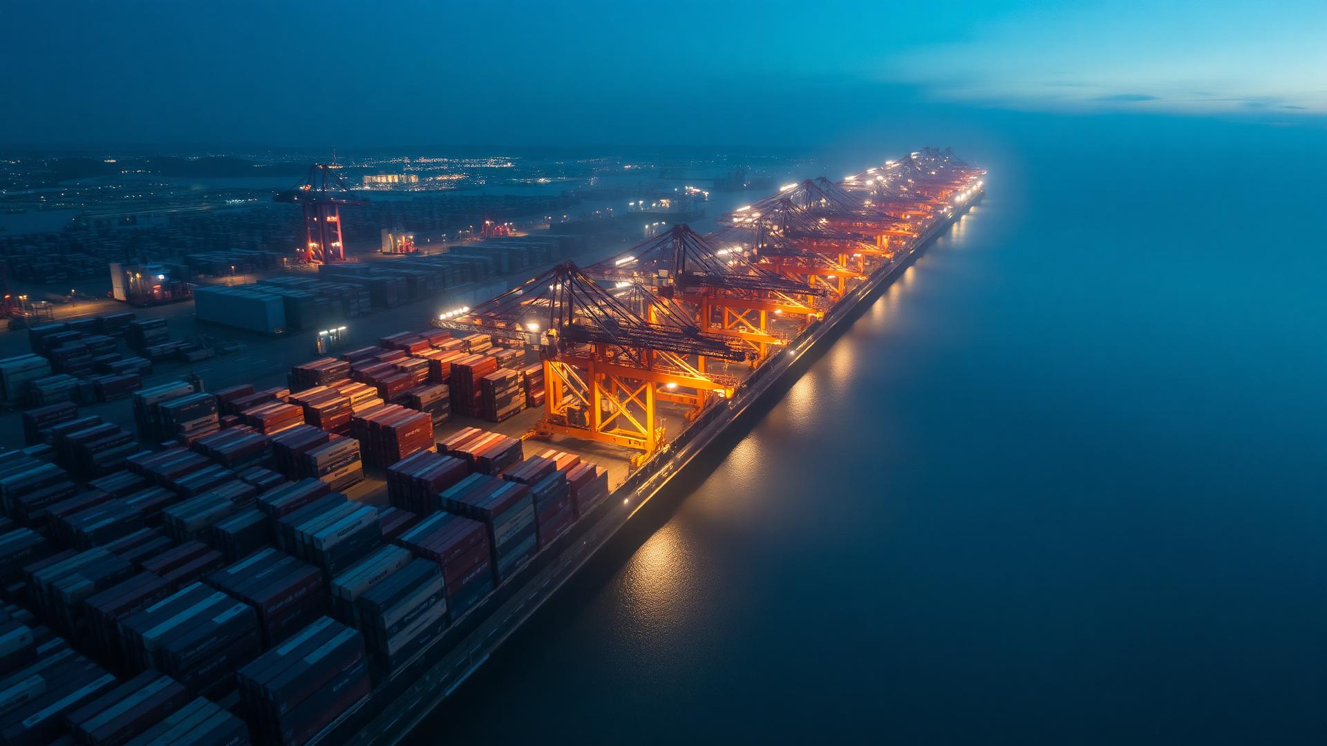 Global shipping port at dusk